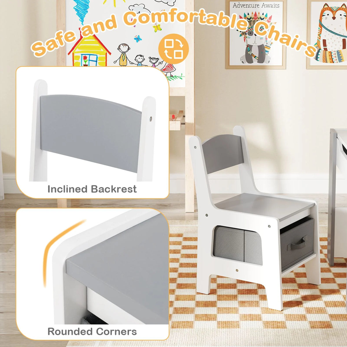 4 in 1 Kids Table and Chairs Set with Reversible Tabletop and Bookshelves