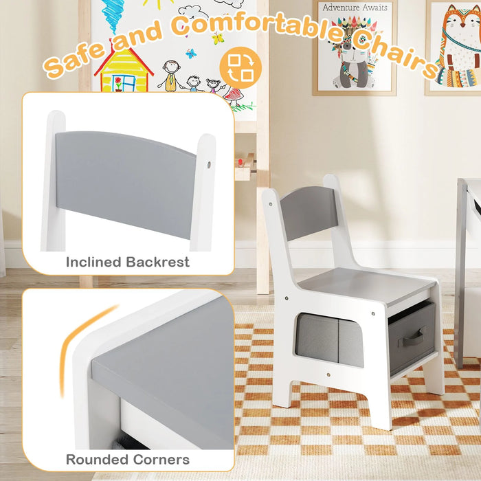 4 in 1 Kids Table and Chairs Set with Reversible Tabletop and Bookshelves