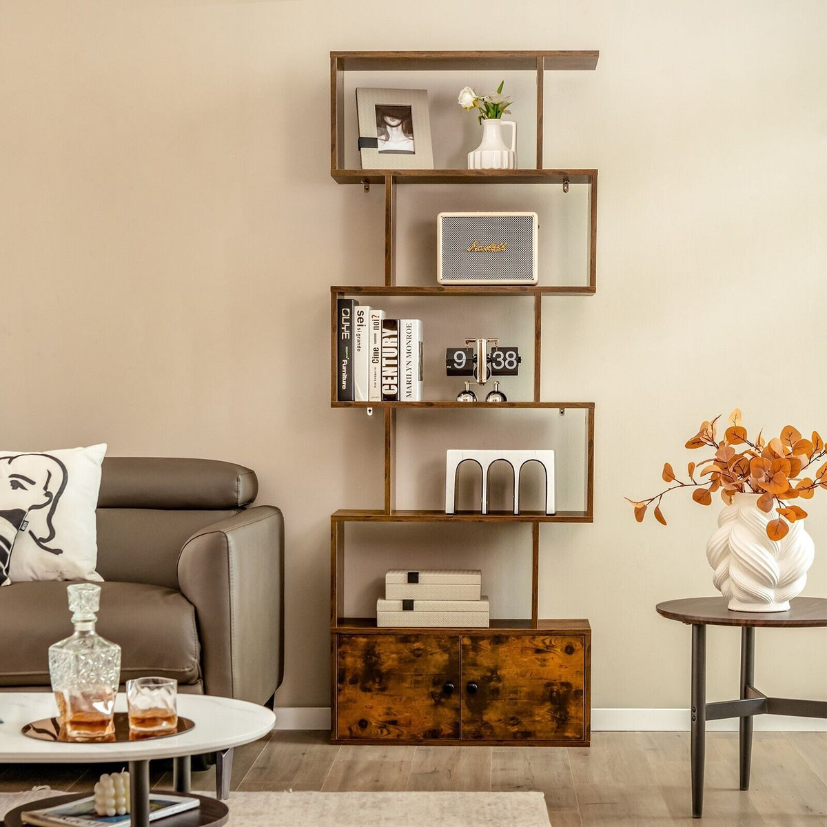 Industrial S-Shaped 5-Tier Bookcase with Cabinet