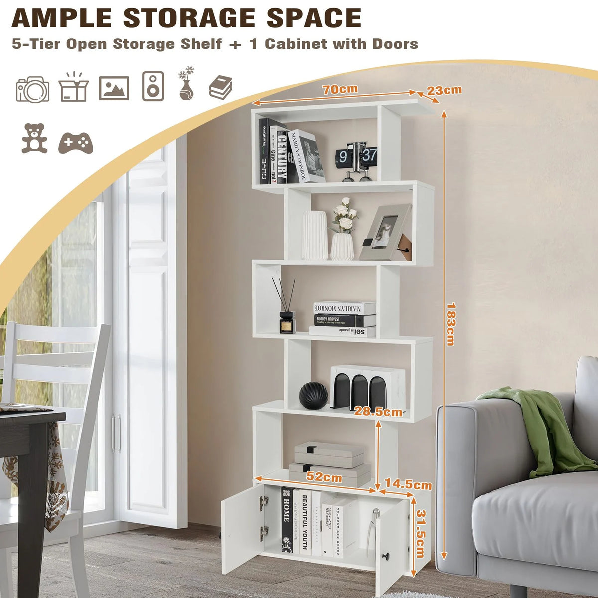 Industrial S-Shaped 5-Tier Bookcase with Cabinet