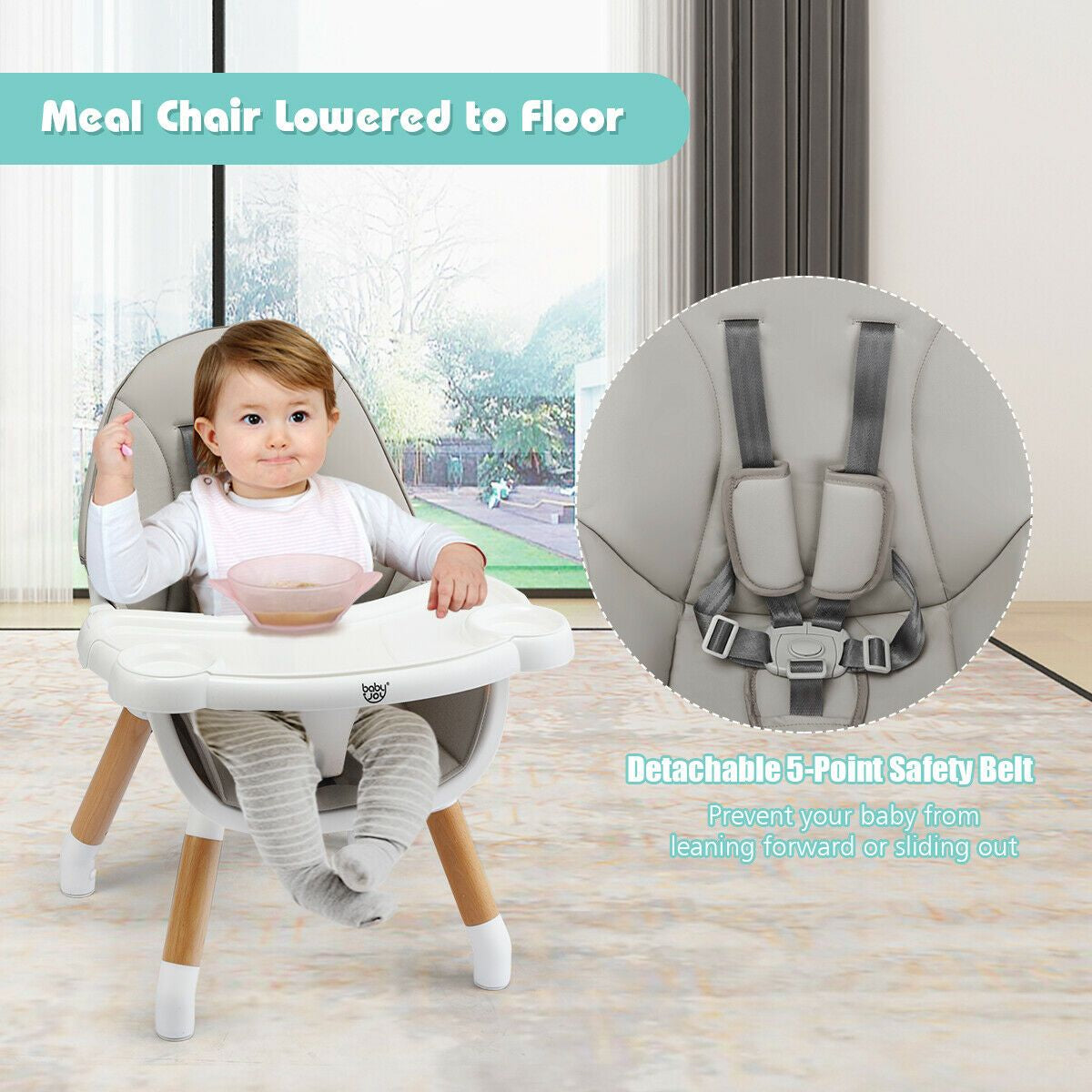 SEDOL 4-in-1 Mid-Century Modern Baby High Chair & Integrated Play Table Set with Solid Beech Legs 5-Point Safety Harness and Adjustable 4-Position Tray