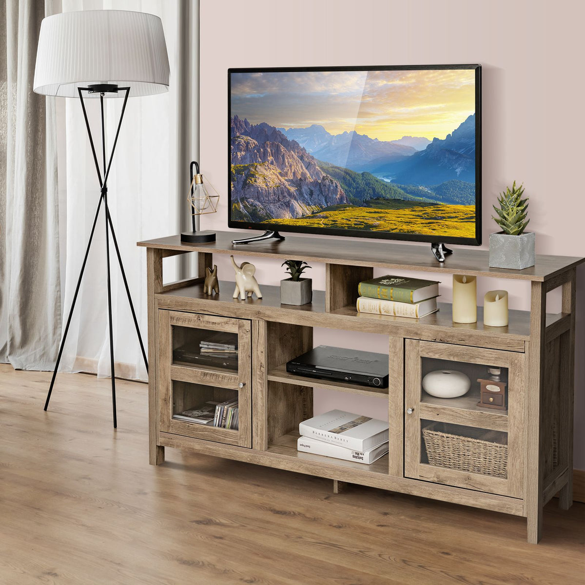 Living Room Console Table for Tvs with Wooden Fireplace and 2 Cabinets