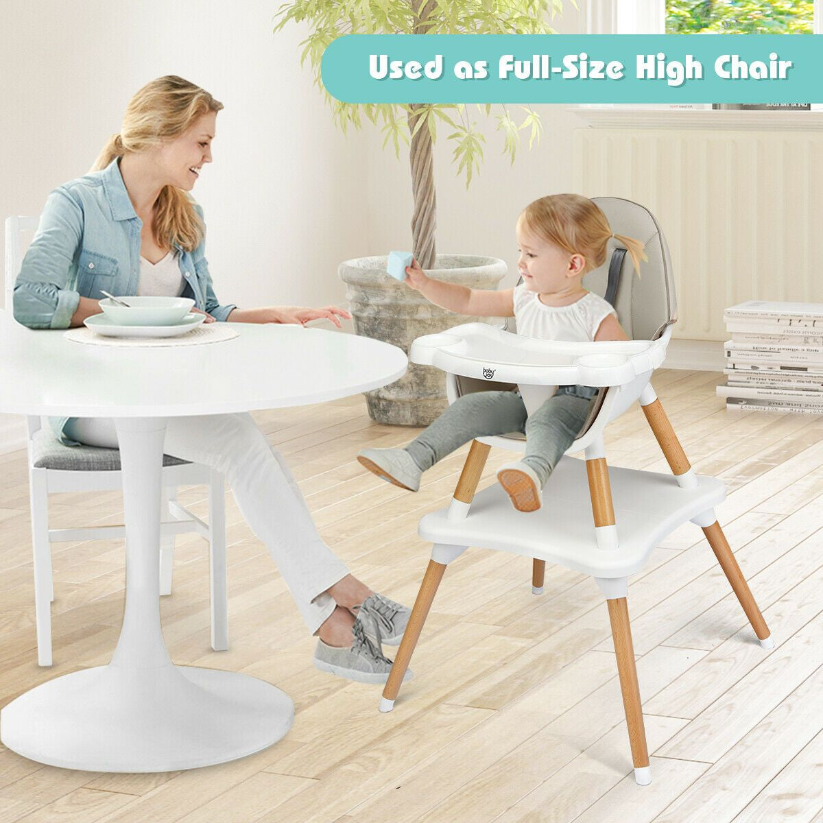 SEDOL 4-in-1 Mid-Century Modern Baby High Chair & Integrated Play Table Set with Solid Beech Legs 5-Point Safety Harness and Adjustable 4-Position Tray