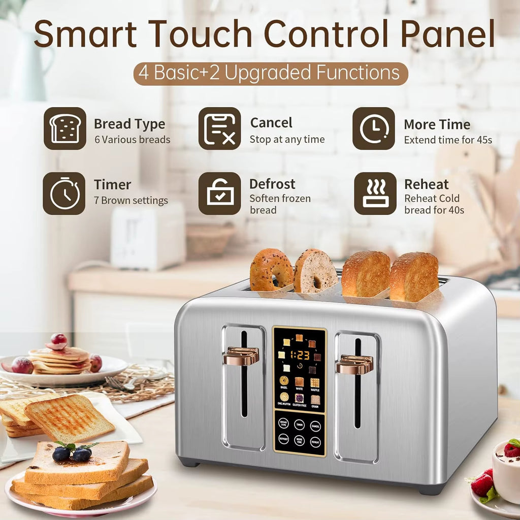 SEDOL 4 Slice Toaster Stainless Steel Digital Toaster with Touch LCD Display 7 Browning Levels and 6 Bread Mode Selection Extra Wide Slots for Bagels Artisan Sourdough 1500W UK Plug