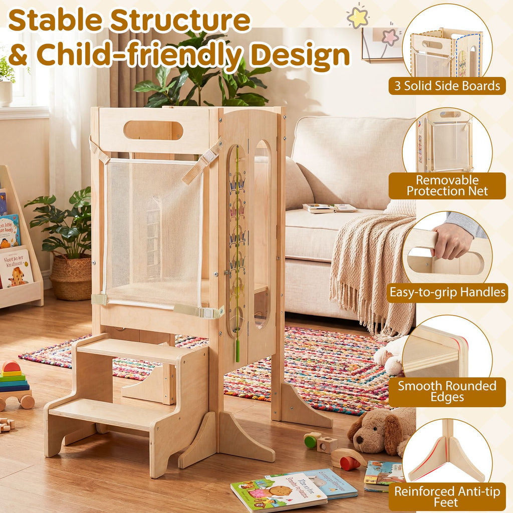 SEDOL 4-in-1 Folding Montessori Learning Tower & Sensory Activity Station — Convertible Kitchen Helper Stool with Art Easel, Step Stool, and Detachable Safety Net