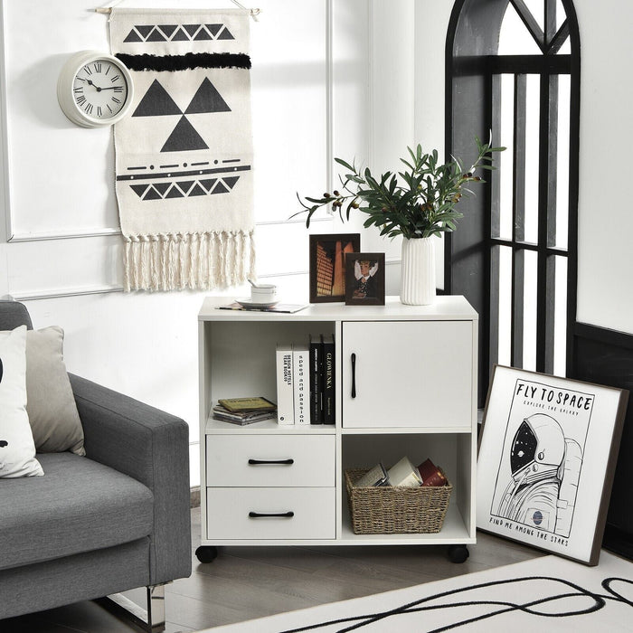 Home Office Mobile File Cabinet with 2 Drawers 2 Open Shelves and Door