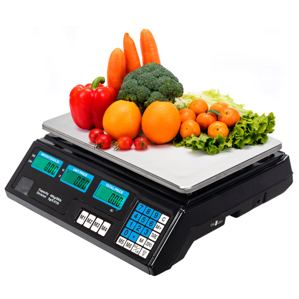 30–40kg  Digital Price Computing Scale – Vegetable & Retail Weighing Scale with Backlit LCD Display, 5g Precision & UK Plug – Silver & Black