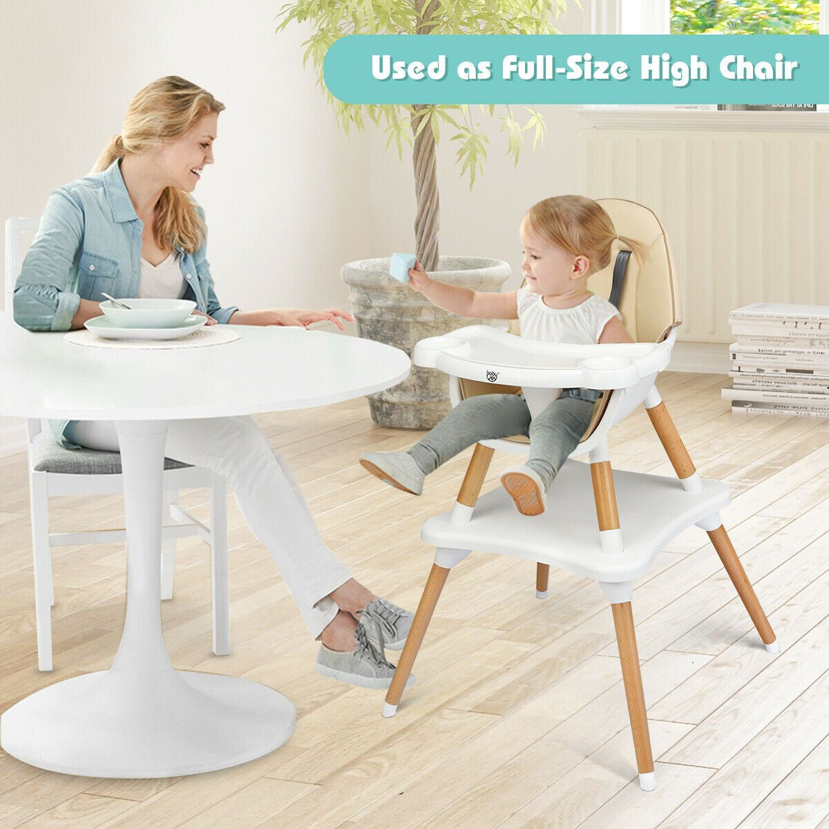 SEDOL 4-in-1 Mid-Century Modern Baby High Chair & Integrated Play Table Set with Solid Beech Legs 5-Point Safety Harness and Adjustable 4-Position Tray