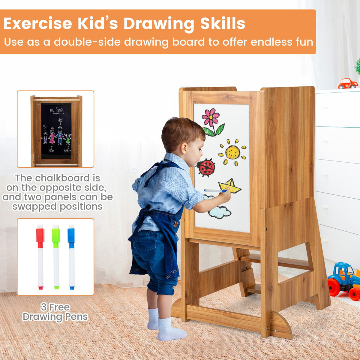 SEDOL 3-in-1 Montessori Learning Tower with Double-Sided Chalkboard & Whiteboard – Height-Adjustable Kitchen Helper Stool with Safety Rails and Anti-Tip Base