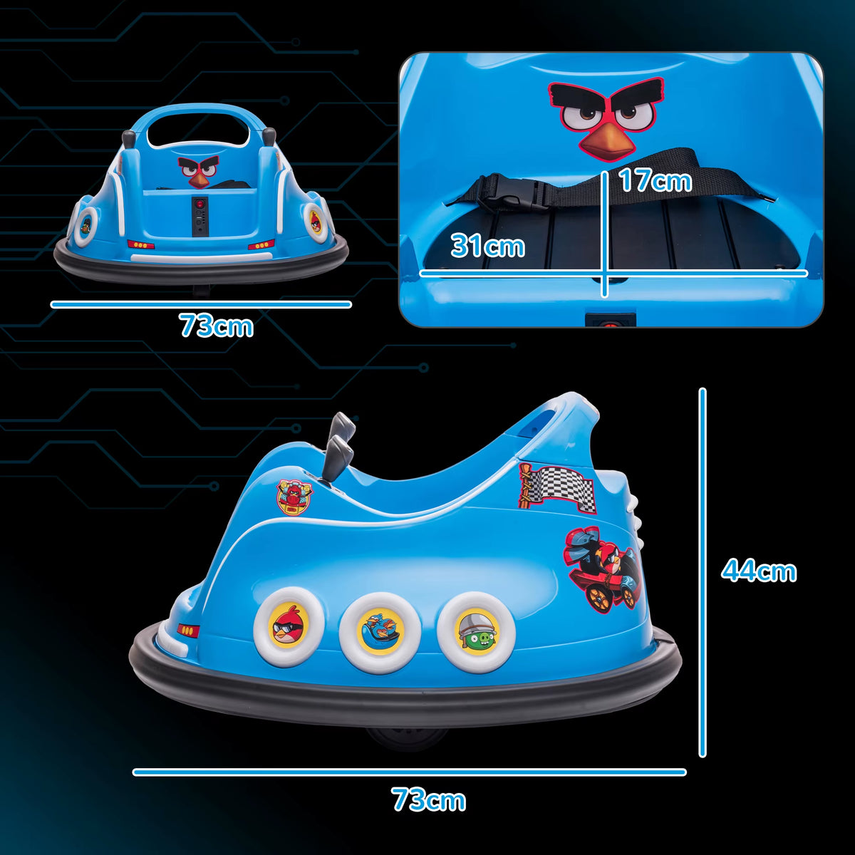 SEDOL Licensed Angry Birds 12V Kids Bumper Car with Dual Joysticks 360° Spin Waltz Car Parental Remote Control and Integrated USB Multimedia System