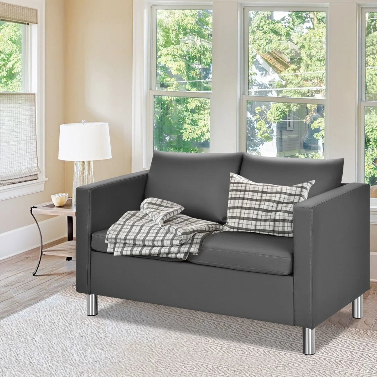 2-Seater PU Leather Accent Tub Sofa Loveseat with Pillows