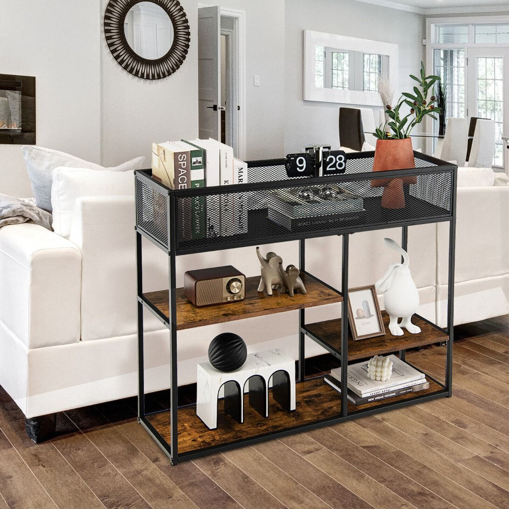 4-Tier Console Table with Wire Basket and Storage Shelves