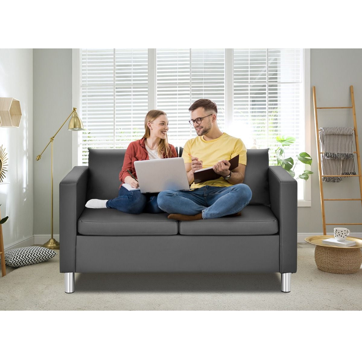 2-Seater PU Leather Accent Tub Sofa Loveseat with Pillows