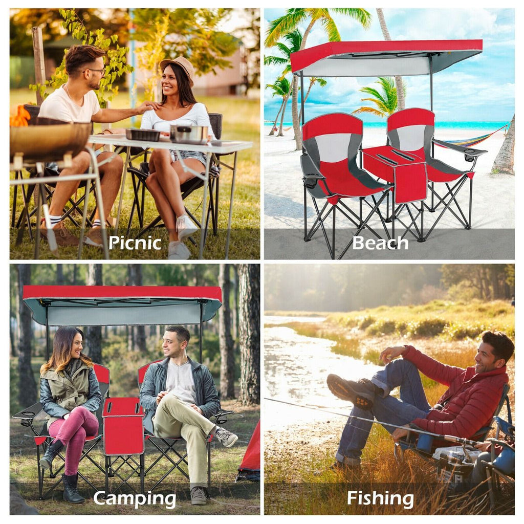 Double Folding Camping Chair with Canopy and Armrests