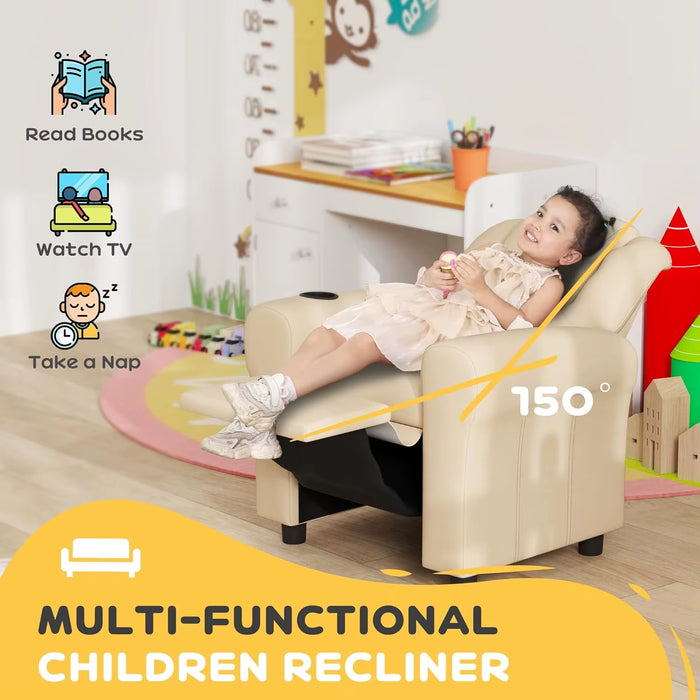 SEDOL Kids Recliner Armchair with Built-In Cup Holder Premium PU Leather Children’s Sofa with 150° Adjustable Backrest and Padded Headrest for Playroom & Living Room