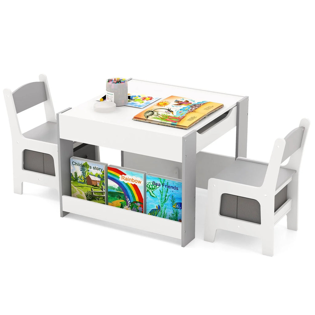 4 in 1 Kids Table and Chairs Set with Reversible Tabletop and Bookshelves