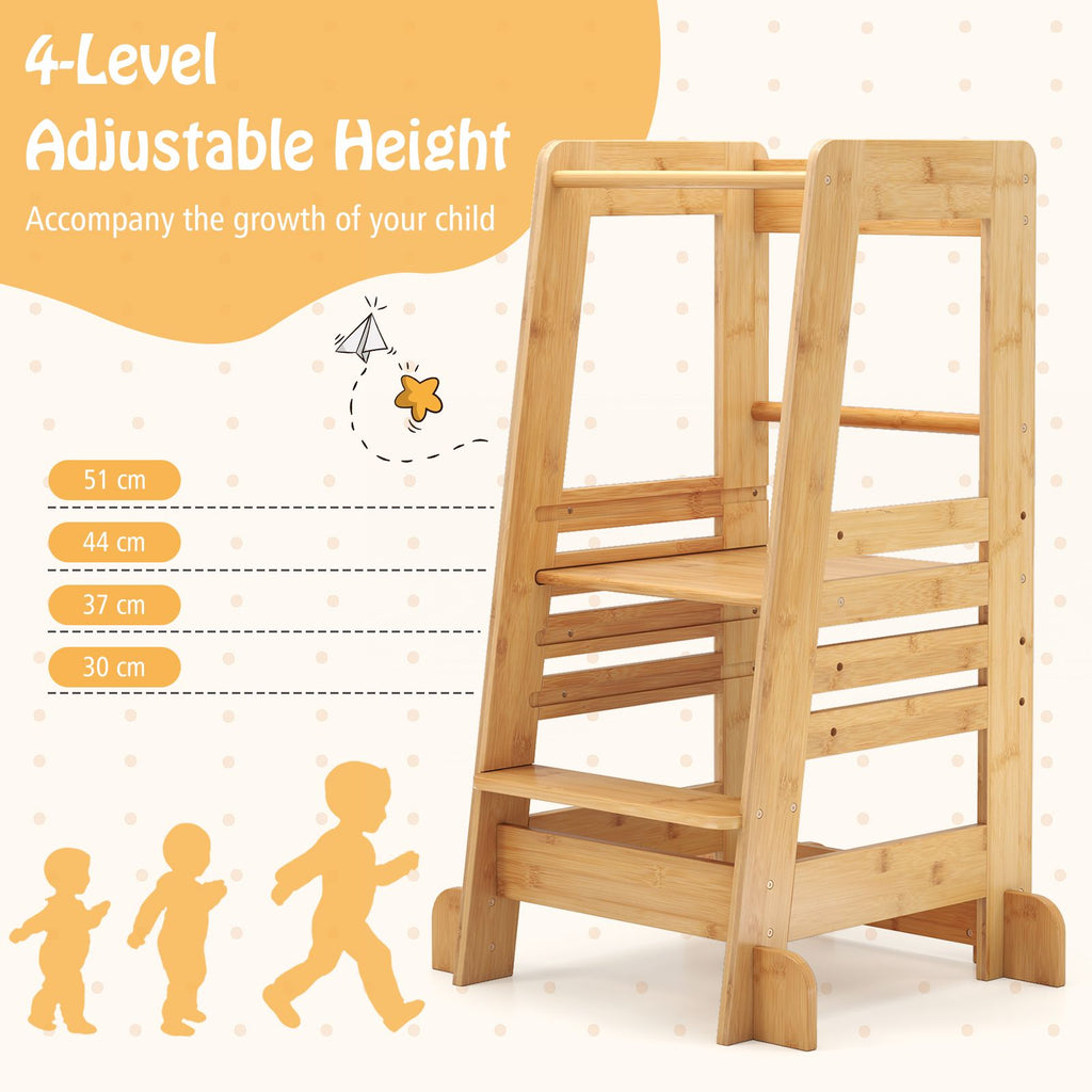 SEDOL Sustainable Bamboo Montessori Learning Tower for Toddlers 4-Level Adjustable Height Kitchen Helper Stool with A-Frame Anti-Tip Safety Rail – 70kg Capacity