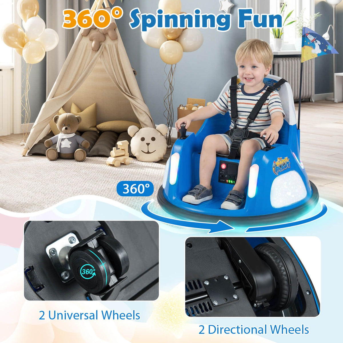 SEDOL 12V High-Performance Kids Bumper Car with 5-Point Safety Harness 360° Zero-Turn Dual Joysticks Parental Remote Control and 5-Mode LED Light Show