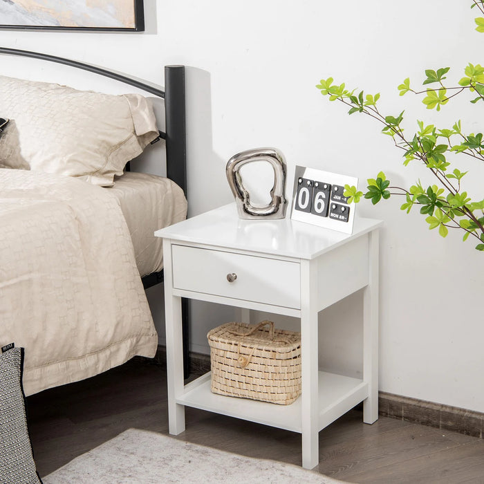 2 Pieces Wooden Nightstand with Drawer and Storage Shelf