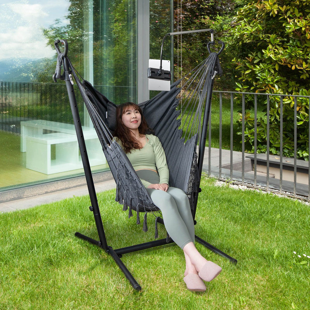 Hammock Chair with Stand – Adjustable Height, Phone Holder & Boho Tassels