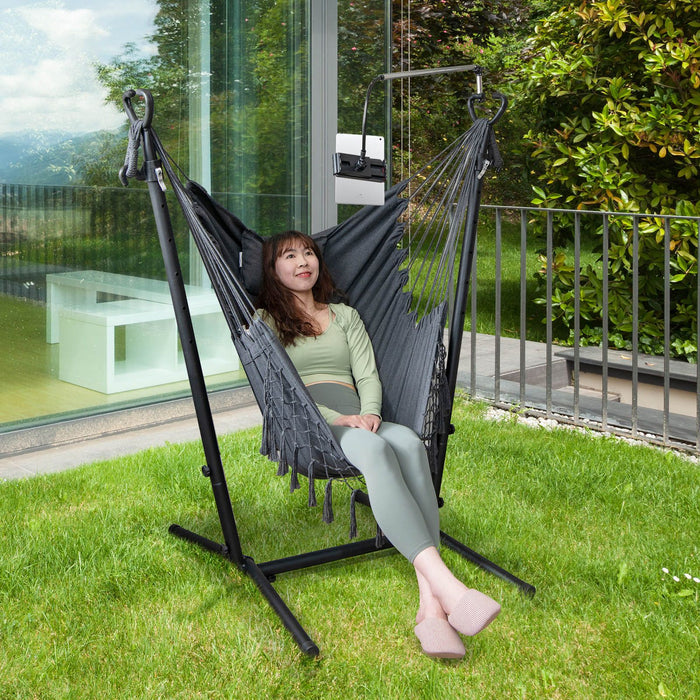Hammock Chair with Stand – Adjustable Height, Phone Holder & Boho Tassels