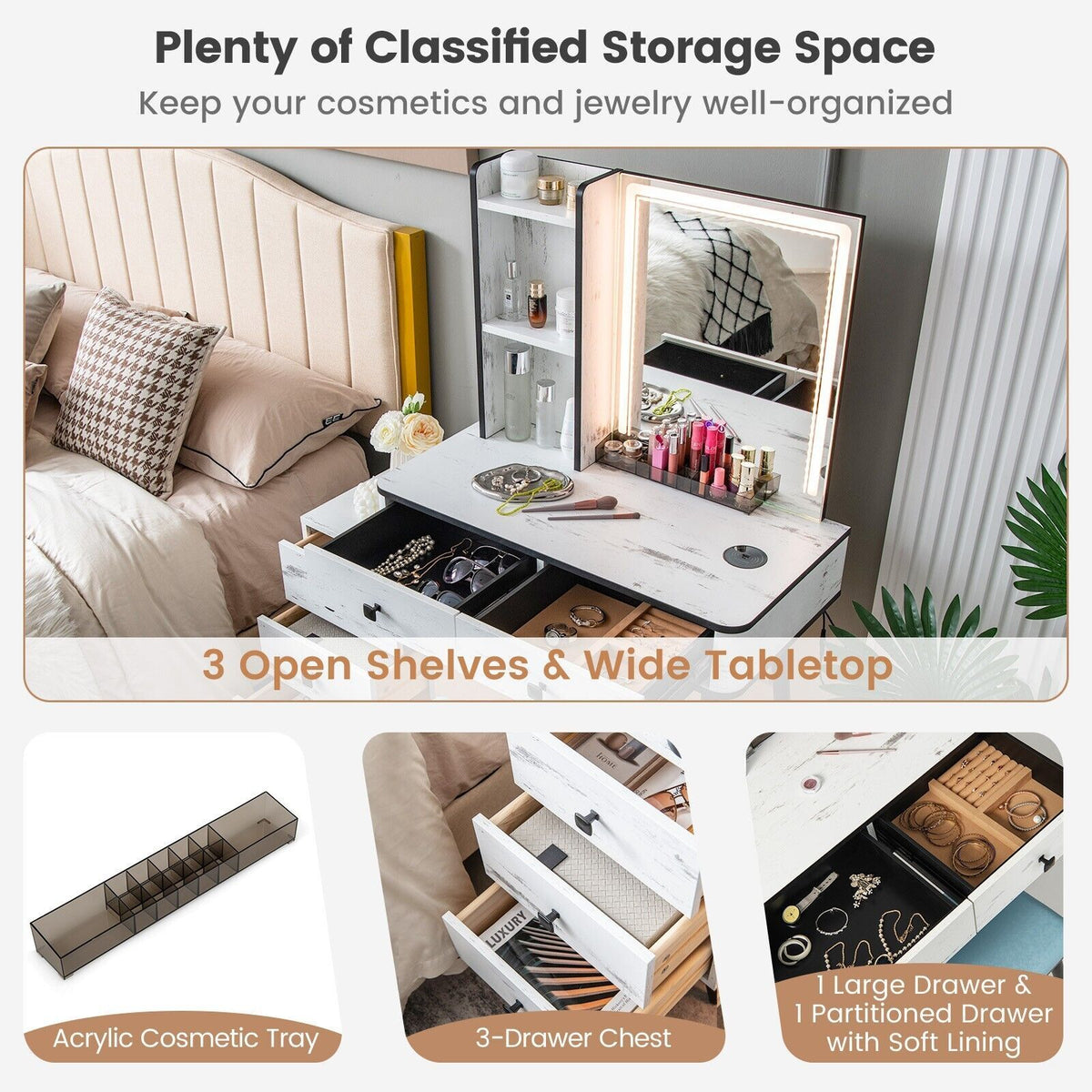 Vanity Table Set with 3-Color LED Lights Mirror and Charging Station