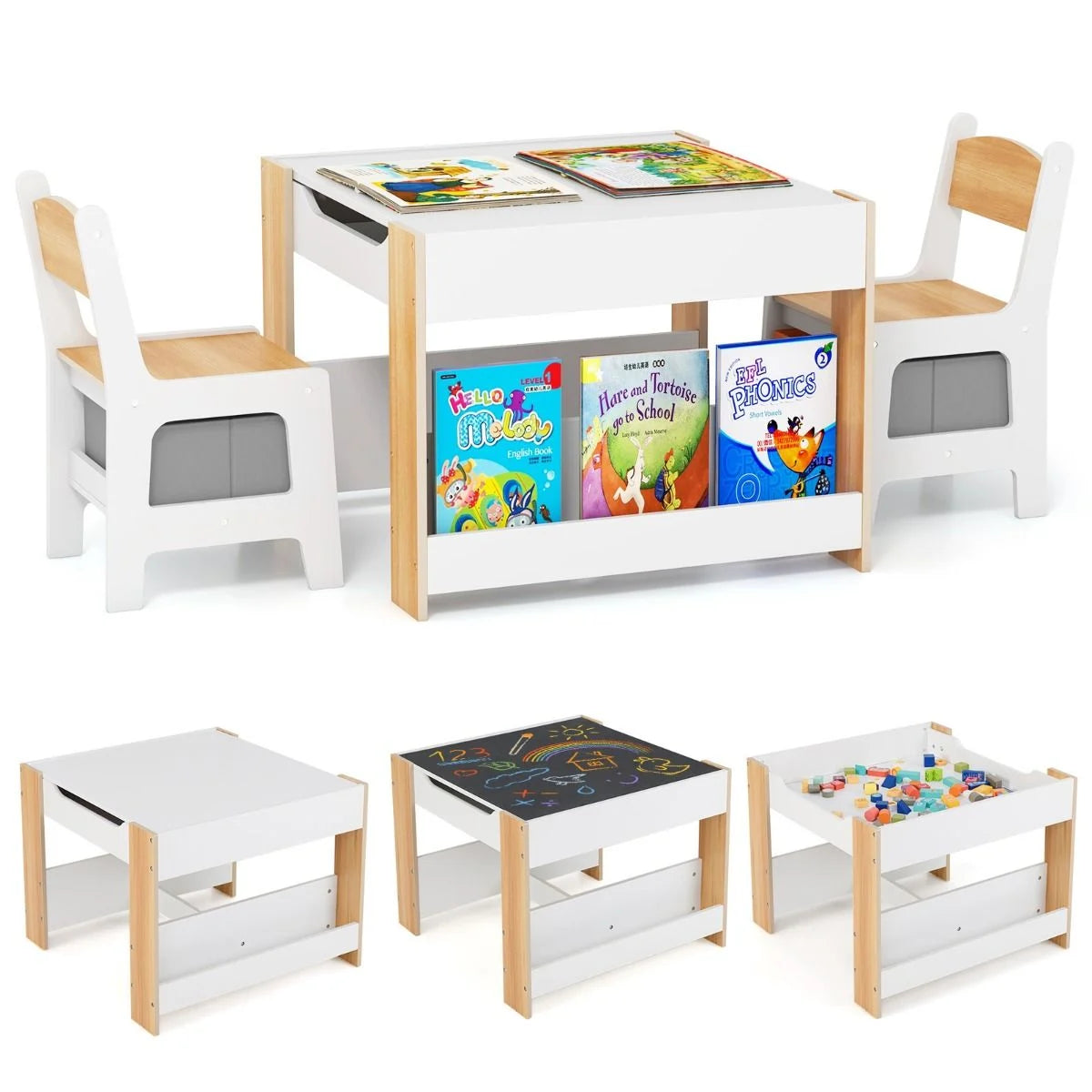 4 in 1 Kids Table and Chairs Set with Reversible Tabletop and Bookshelves