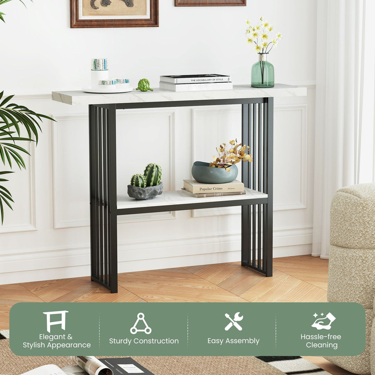 2-Tier Faux Marble Console Table for Entryway Living Room Bedroom