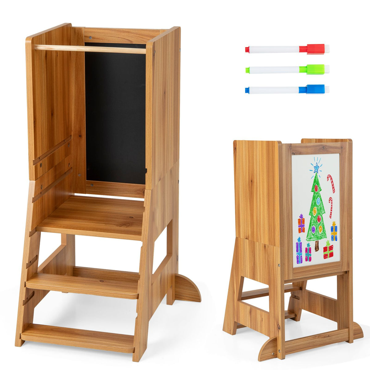 SEDOL 3-in-1 Montessori Learning Tower with Double-Sided Chalkboard & Whiteboard – Height-Adjustable Kitchen Helper Stool with Safety Rails and Anti-Tip Base