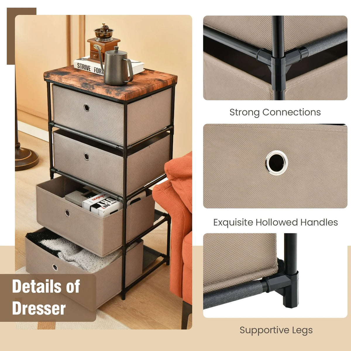 4-Tier Fabric Dresser with Drawers and Metal Frame