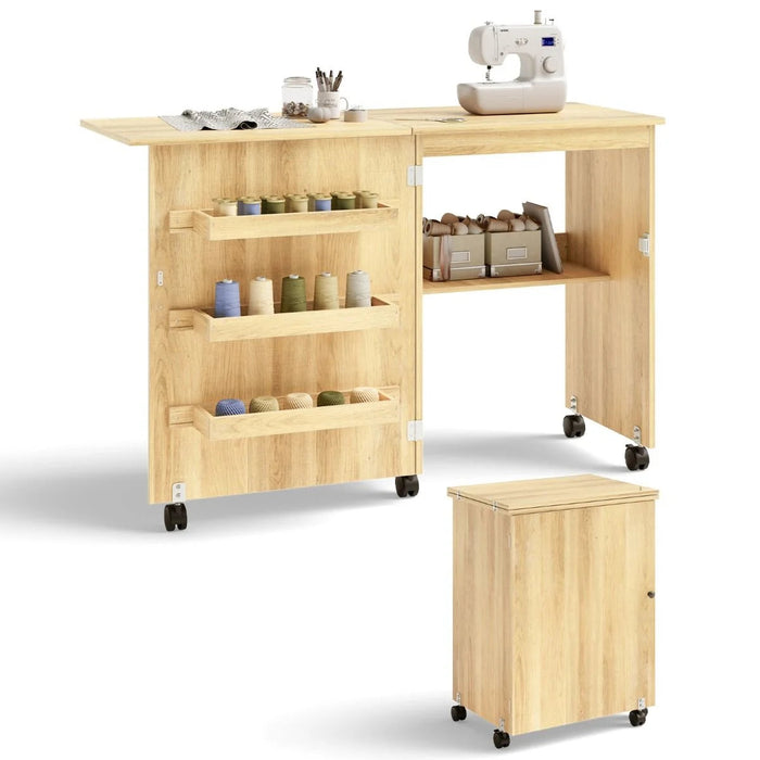Folding Sewing Table with Storage Shelves and Lockable Casters