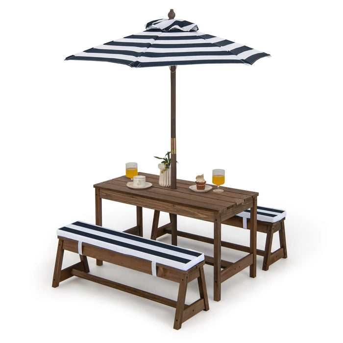 Kids Picnic Table with Cushions & Adjustable Umbrella – Fir Wood Play Table for 4