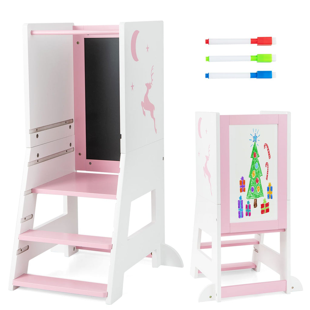 SEDOL 3-in-1 Montessori Learning Tower with Double-Sided Chalkboard & Whiteboard – Height-Adjustable Kitchen Helper Stool with Safety Rails and Anti-Tip Base