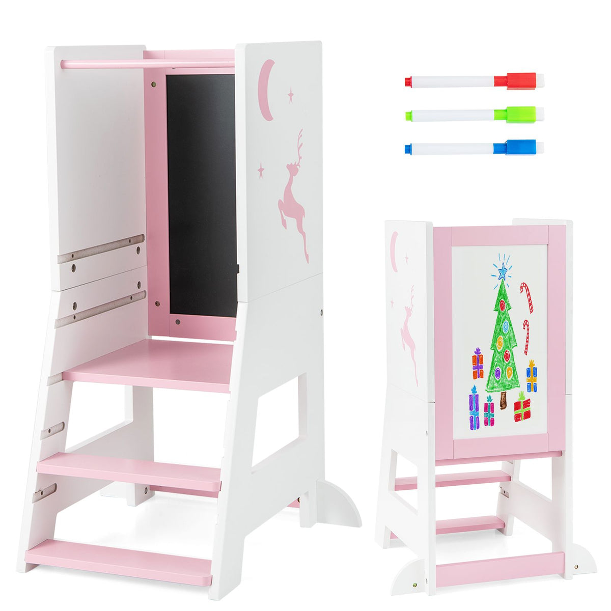 SEDOL 3-in-1 Montessori Learning Tower with Double-Sided Chalkboard & Whiteboard – Height-Adjustable Kitchen Helper Stool with Safety Rails and Anti-Tip Base