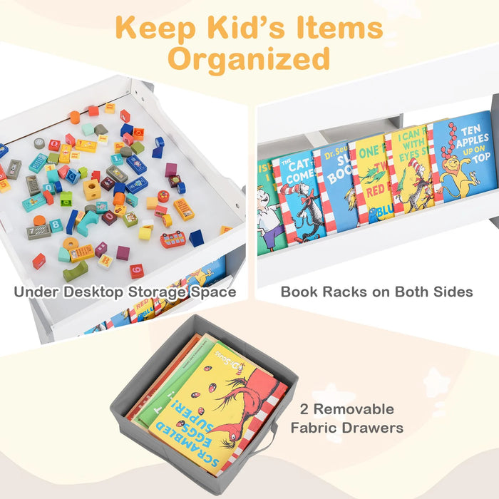 4 in 1 Kids Table and Chairs Set with Reversible Tabletop and Bookshelves