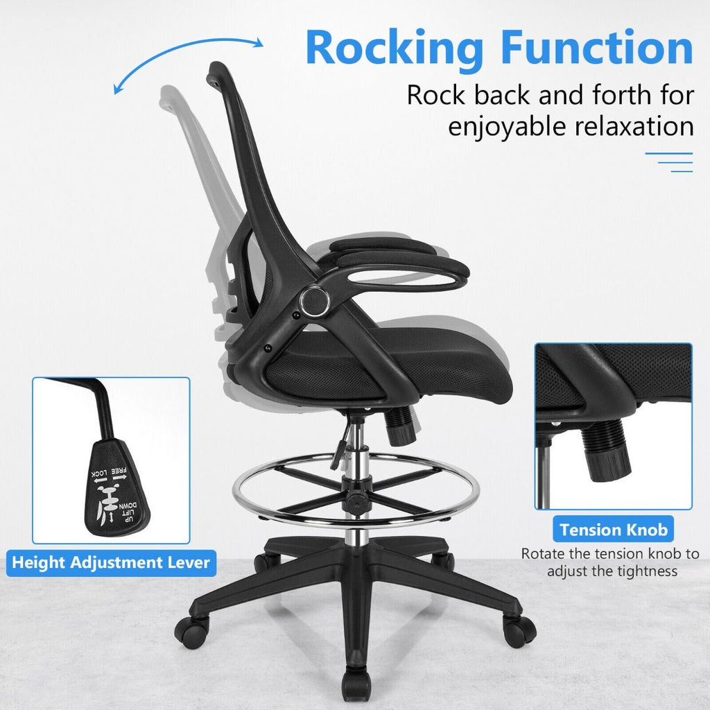 Mesh Drafting Chair with Flip-Up Armrests and Mid-Back Padded
