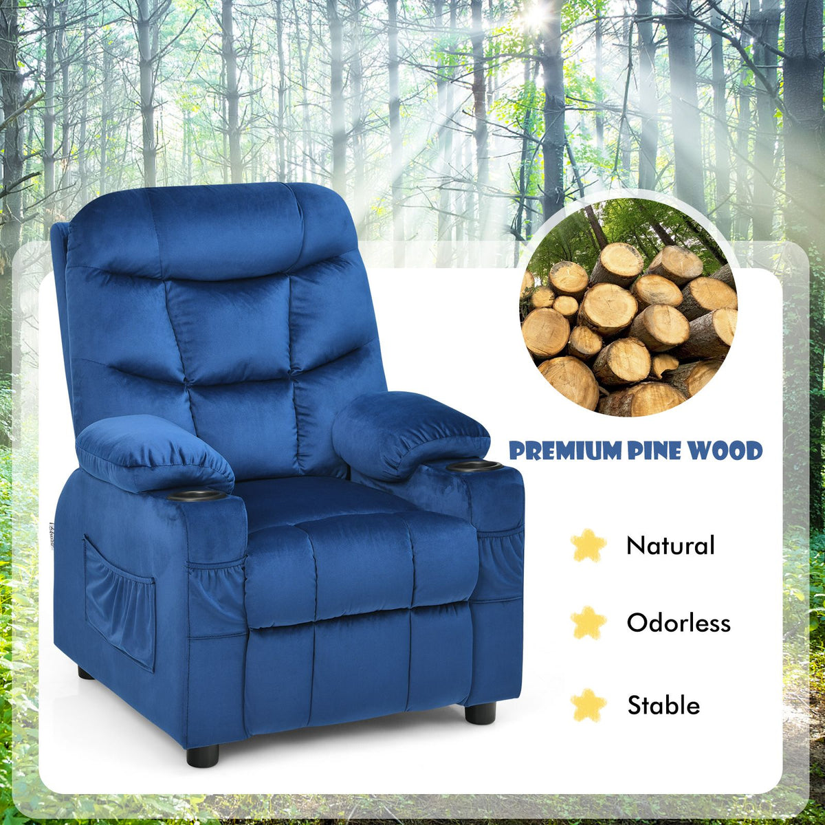 SEDOL Deluxe Larger Kids Recliner Armchair with Dual Cup Holders and Storage Pockets Premium Velvet Children’s Lounge Chair with 130° Adjustable Backrest & Pine Wood Frame