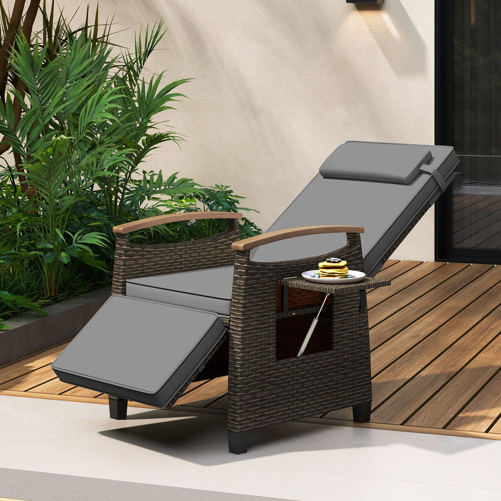Patio Rattan Recliner Chair with Adjustable Backrest, Footrest & Flip Side Table