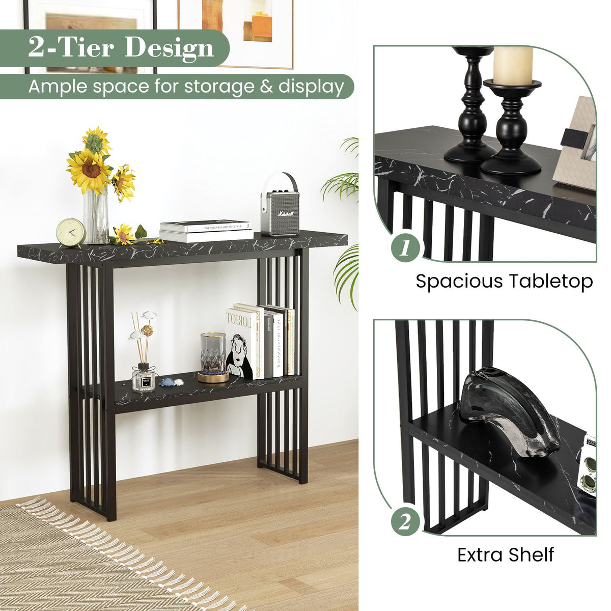 2-Tier Faux Marble Console Table for Entryway Living Room Bedroom