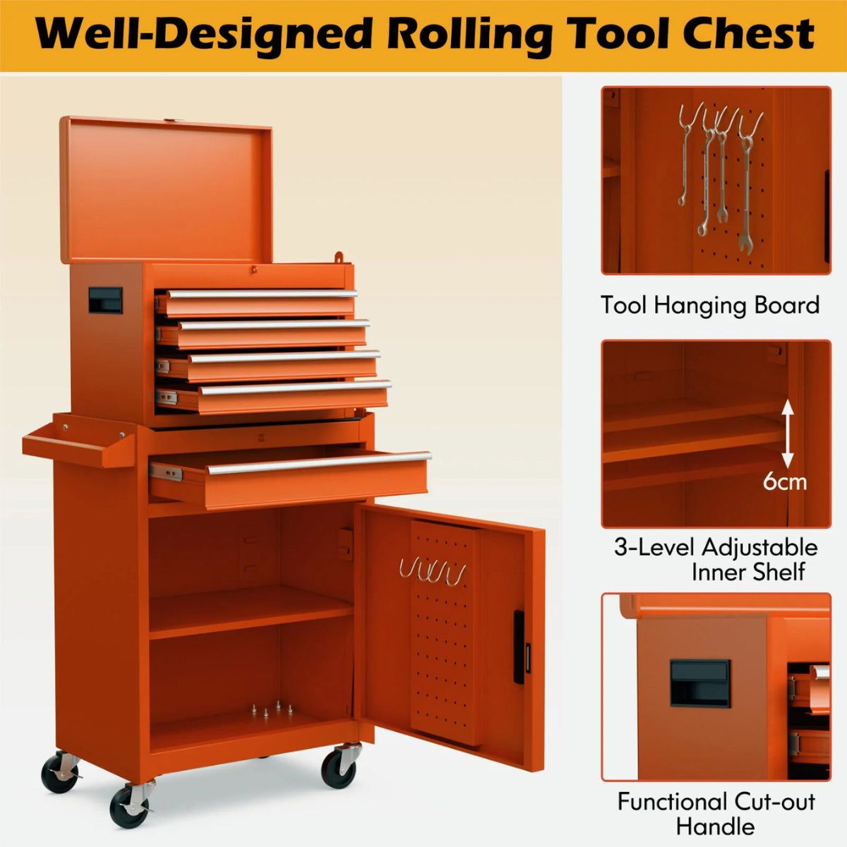 High-Capacity Rolling Tool Cabinet – Lockable Wheels, Metal 2‑in‑1 Chest & Base
