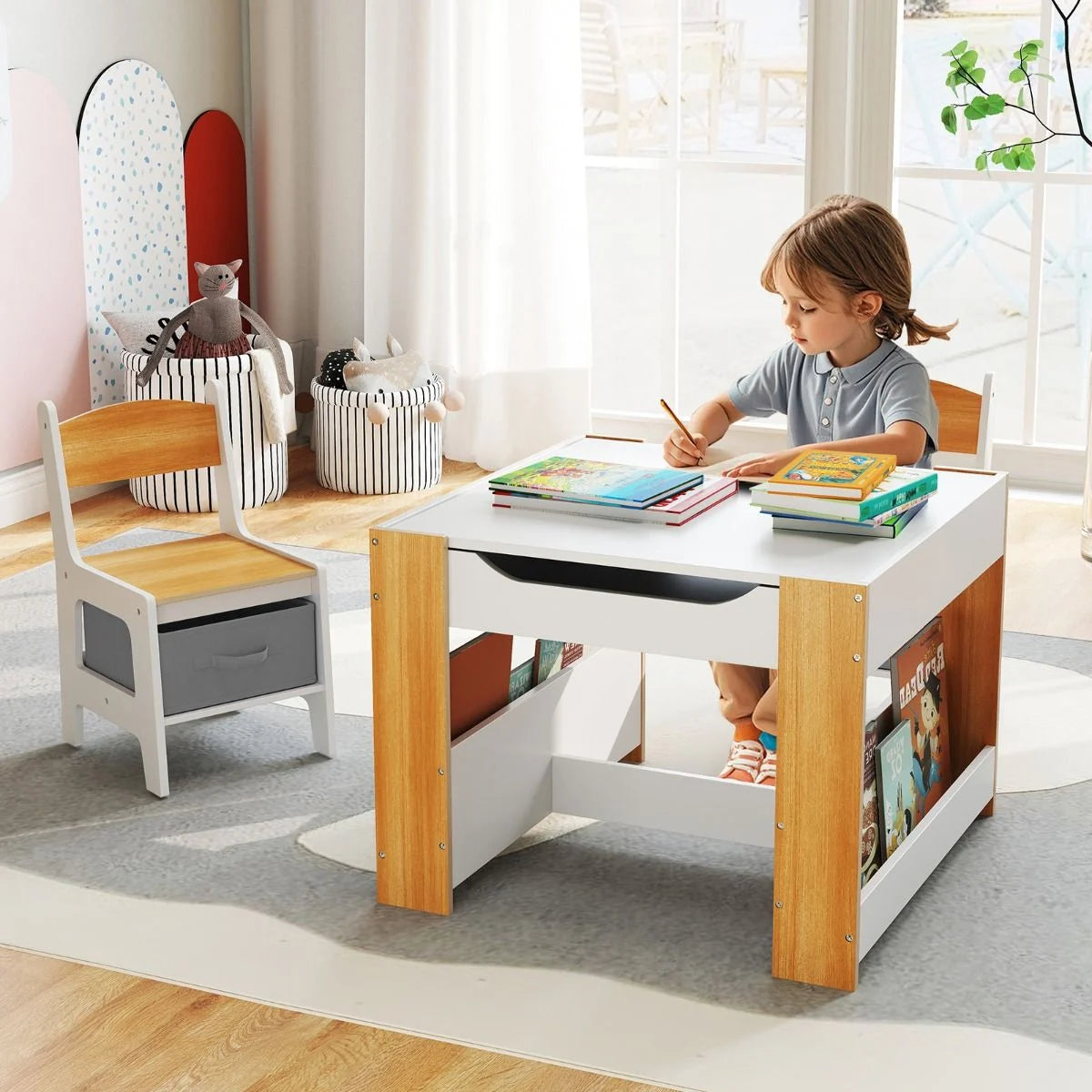 4 in 1 Kids Table and Chairs Set with Reversible Tabletop and Bookshelves