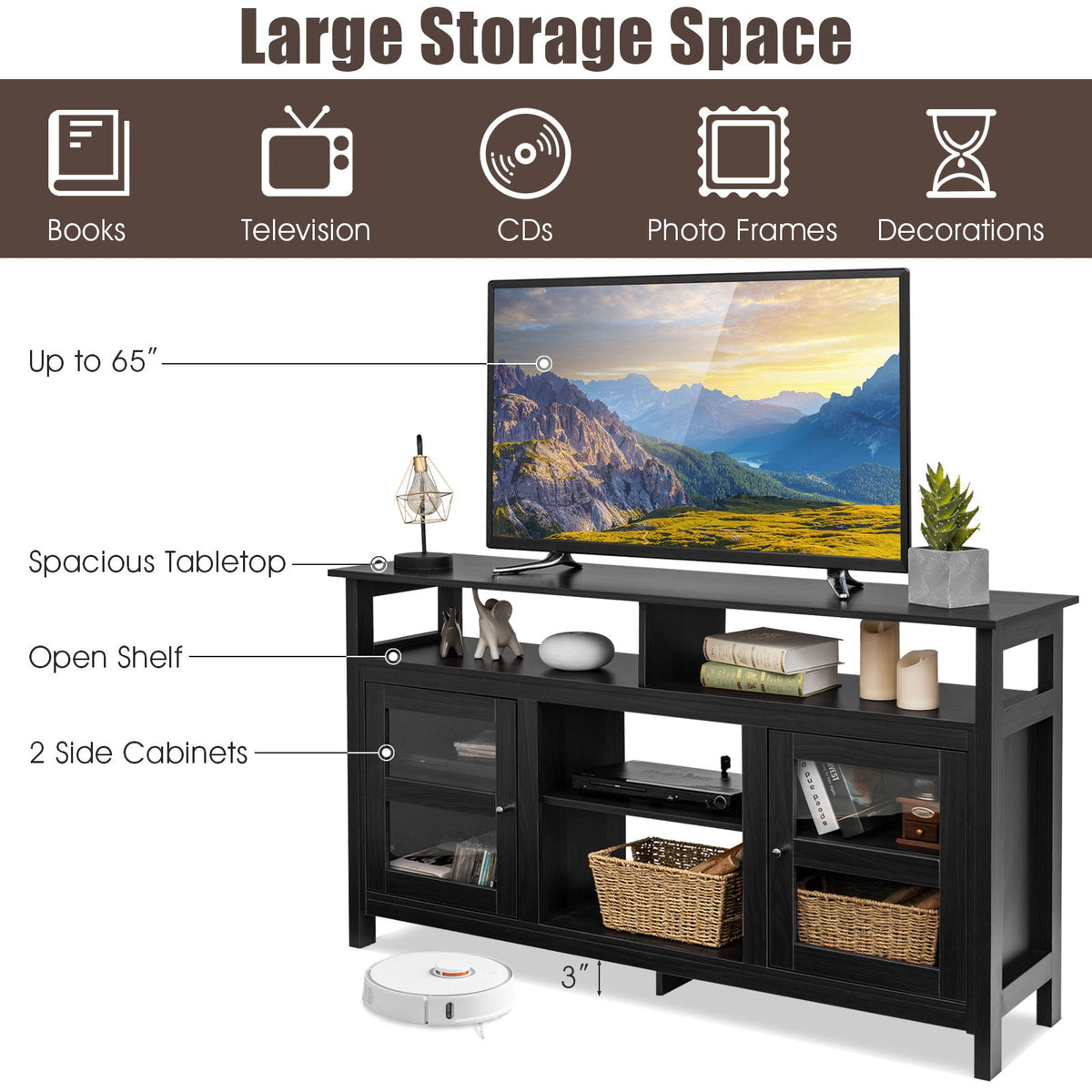 Living Room Console Table for Tvs with Wooden Fireplace and 2 Cabinets