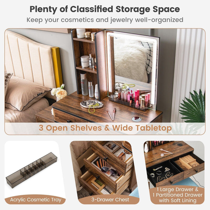 Vanity Table Set with 3-Color LED Lights Mirror and Charging Station