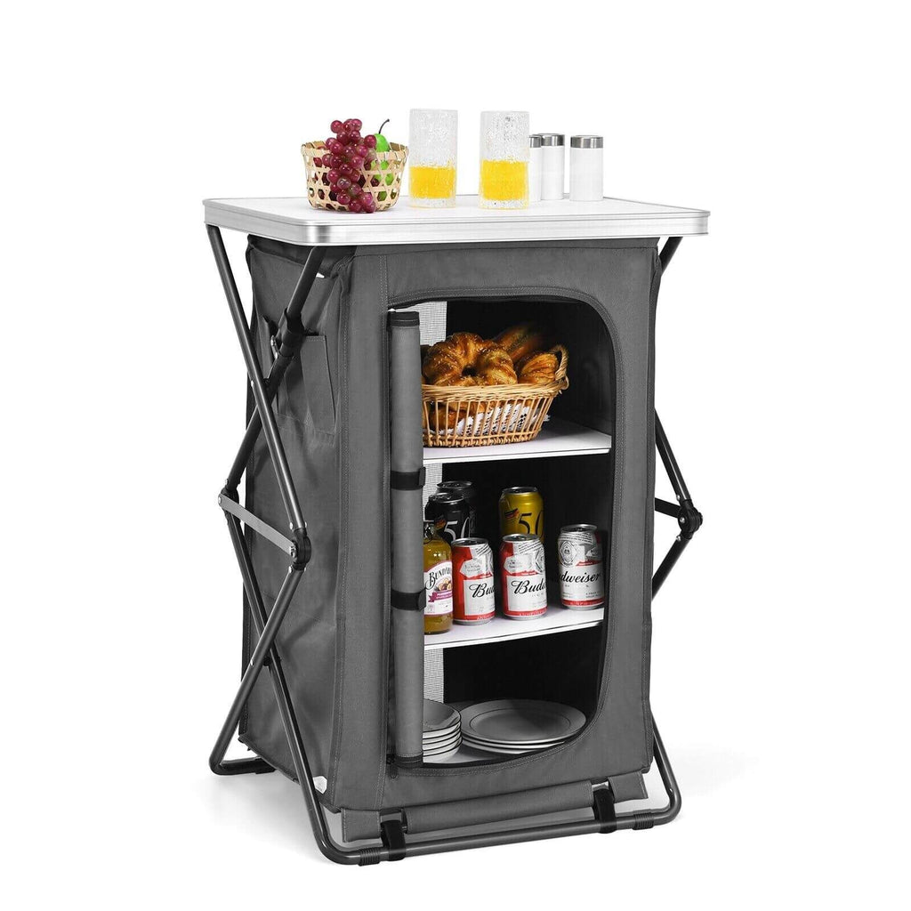 3-Tier Folding Camping Storage Cabinet with Side Pockets and Carry Bag