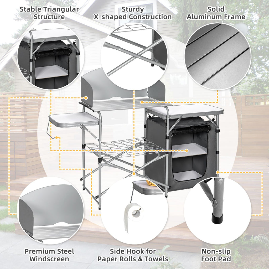 Camping Kitchen Table with Storage & Windscreen – Folding BBQ & Prep Station