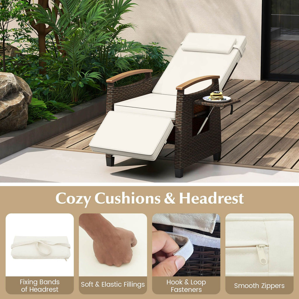 Patio Rattan Recliner Chair with Adjustable Backrest, Footrest & Flip Side Table