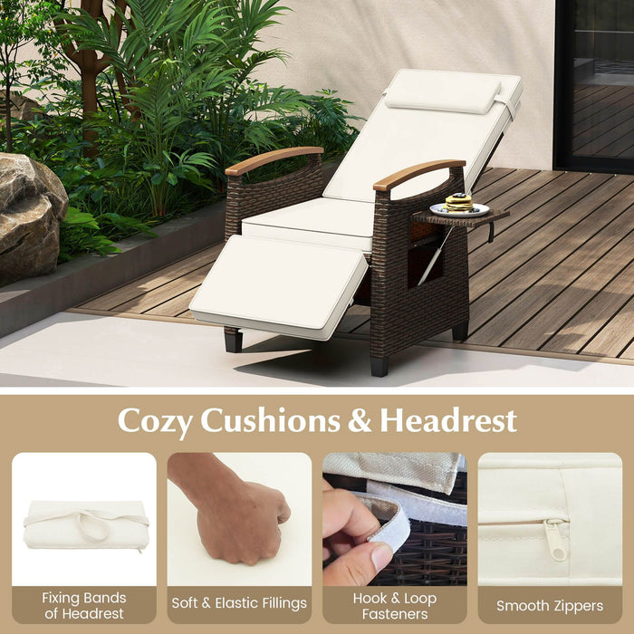 Patio Rattan Recliner Chair with Adjustable Backrest, Footrest & Flip Side Table