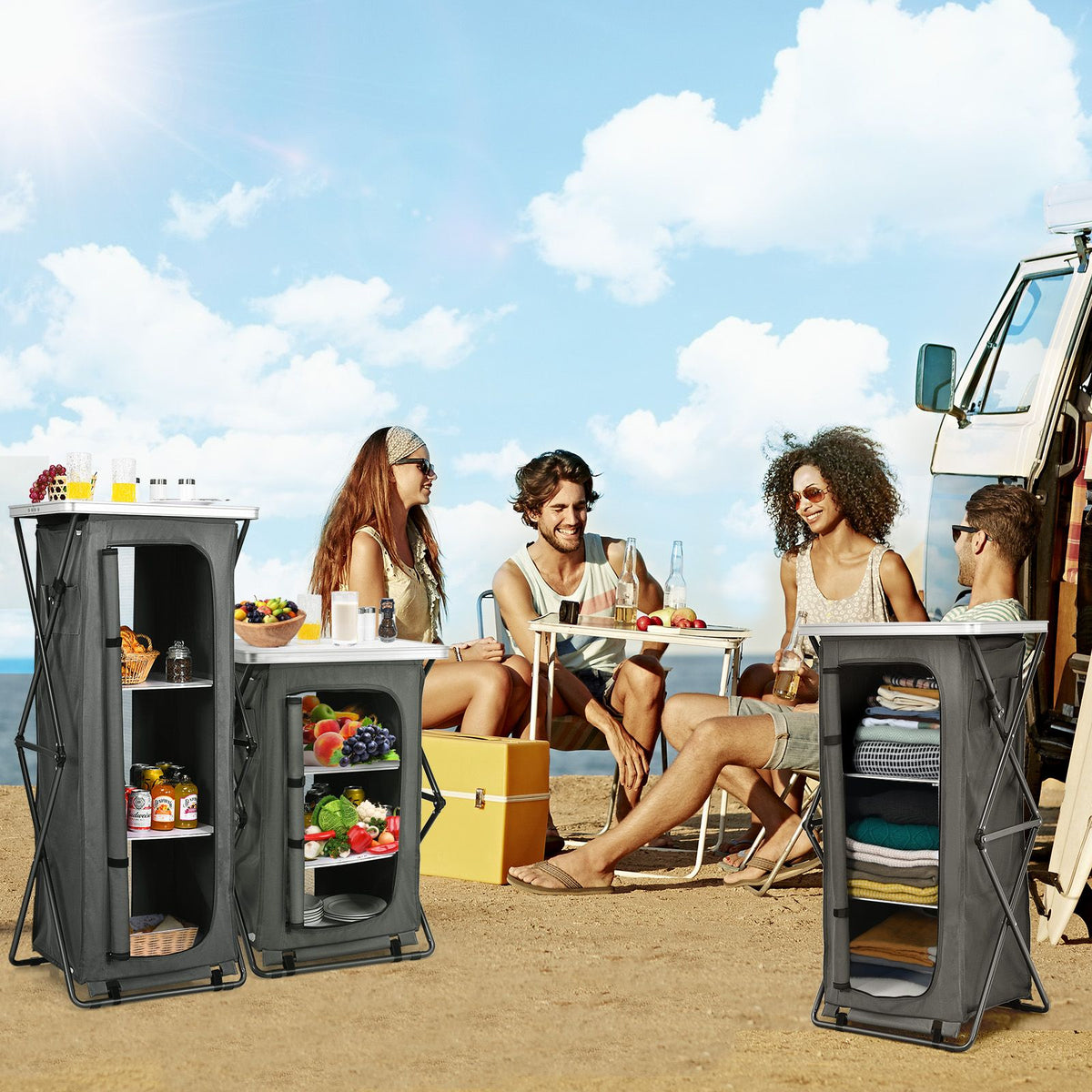 3-Tier Folding Camping Storage Cabinet with Side Pockets and Carry Bag