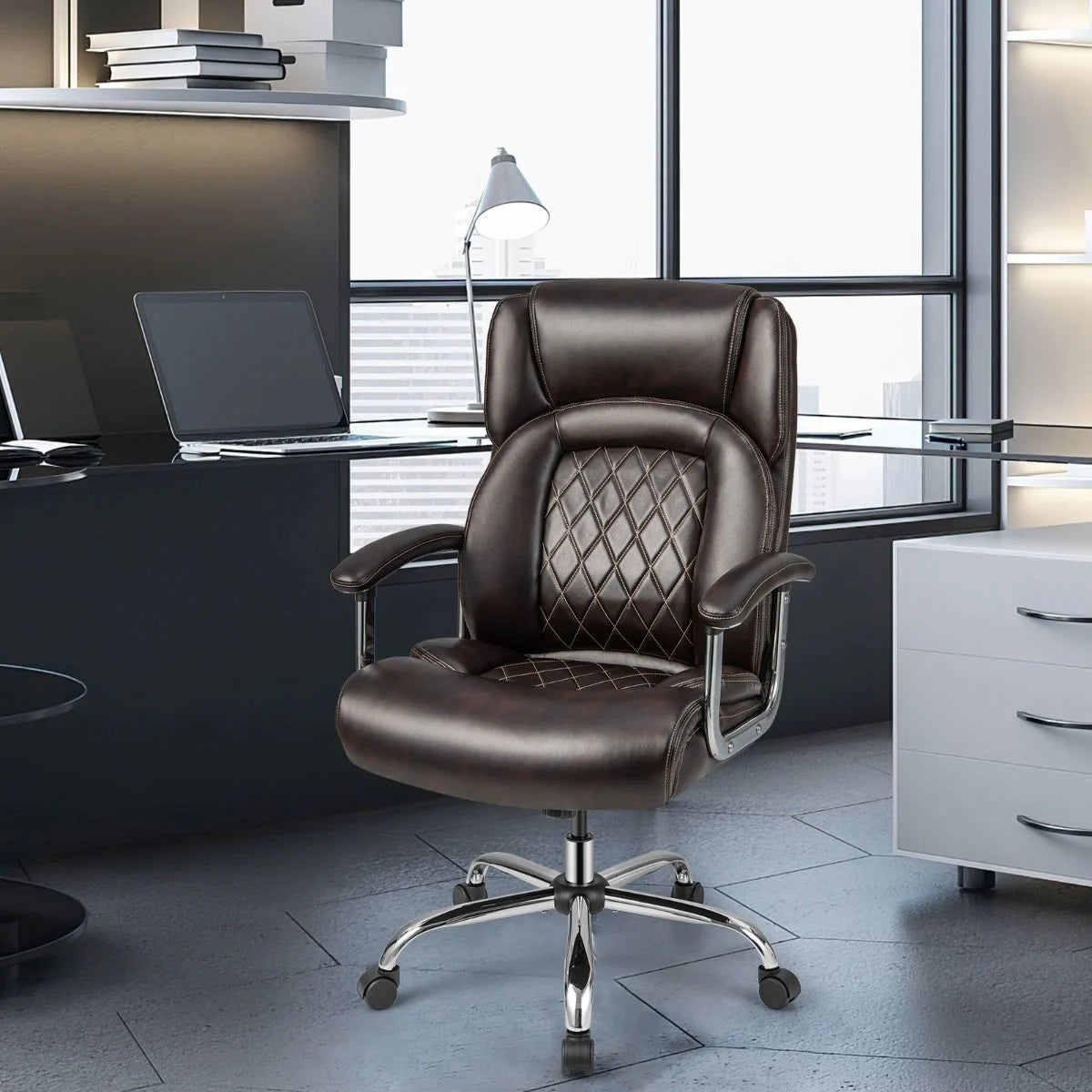 Leather Office Chair with Rocking Mode and Armrests