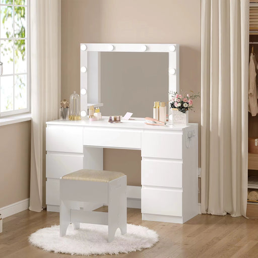 SEDOL Dressing Table with Large LED Mirror and 7 Drawers Modern Vanity Desk with Built-in Charging Station USB Ports Makeup Table for Bedroom White Finish